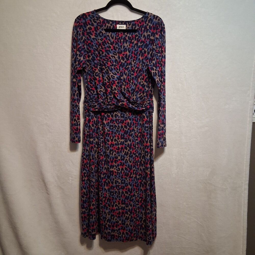 Pact XL Dress Organic Cotton Multicolor Leopard Print Faux Wrap Midi Boho Mob